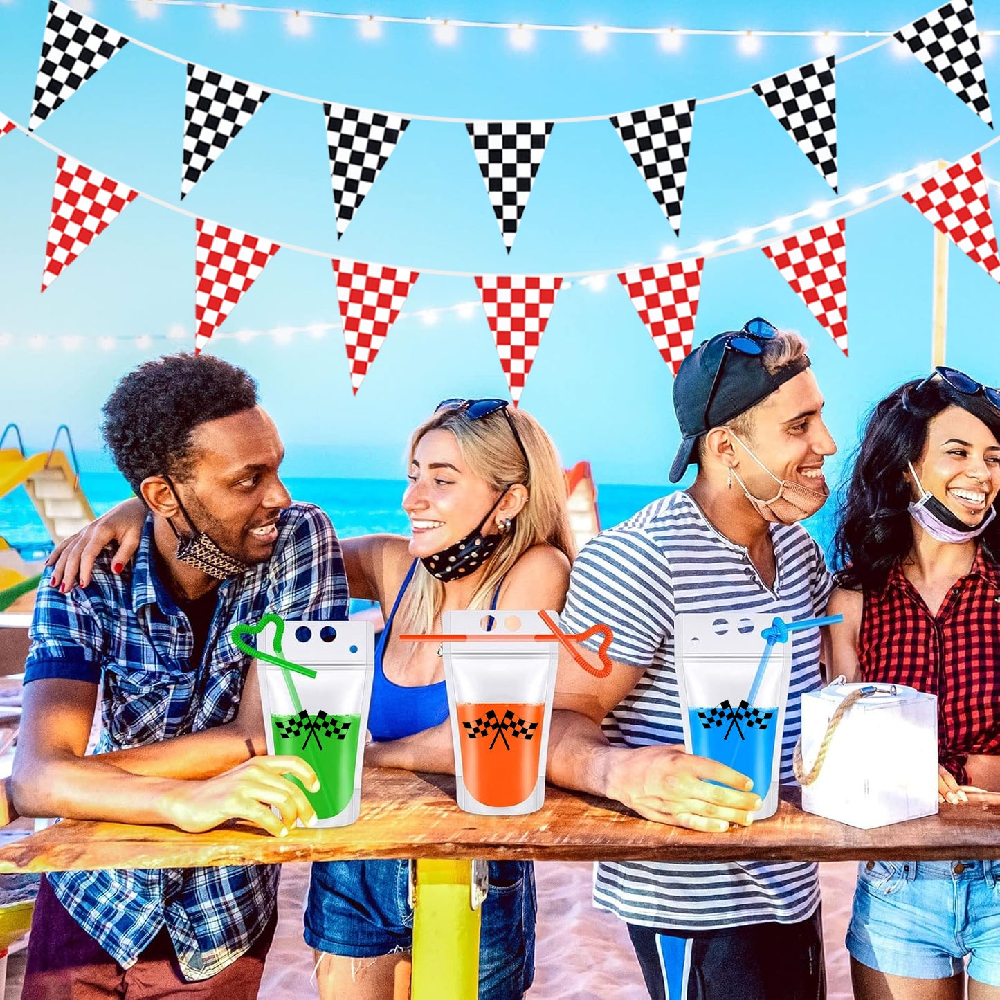 40 Clear Drink Pouches with Straws - Multi-Color Set