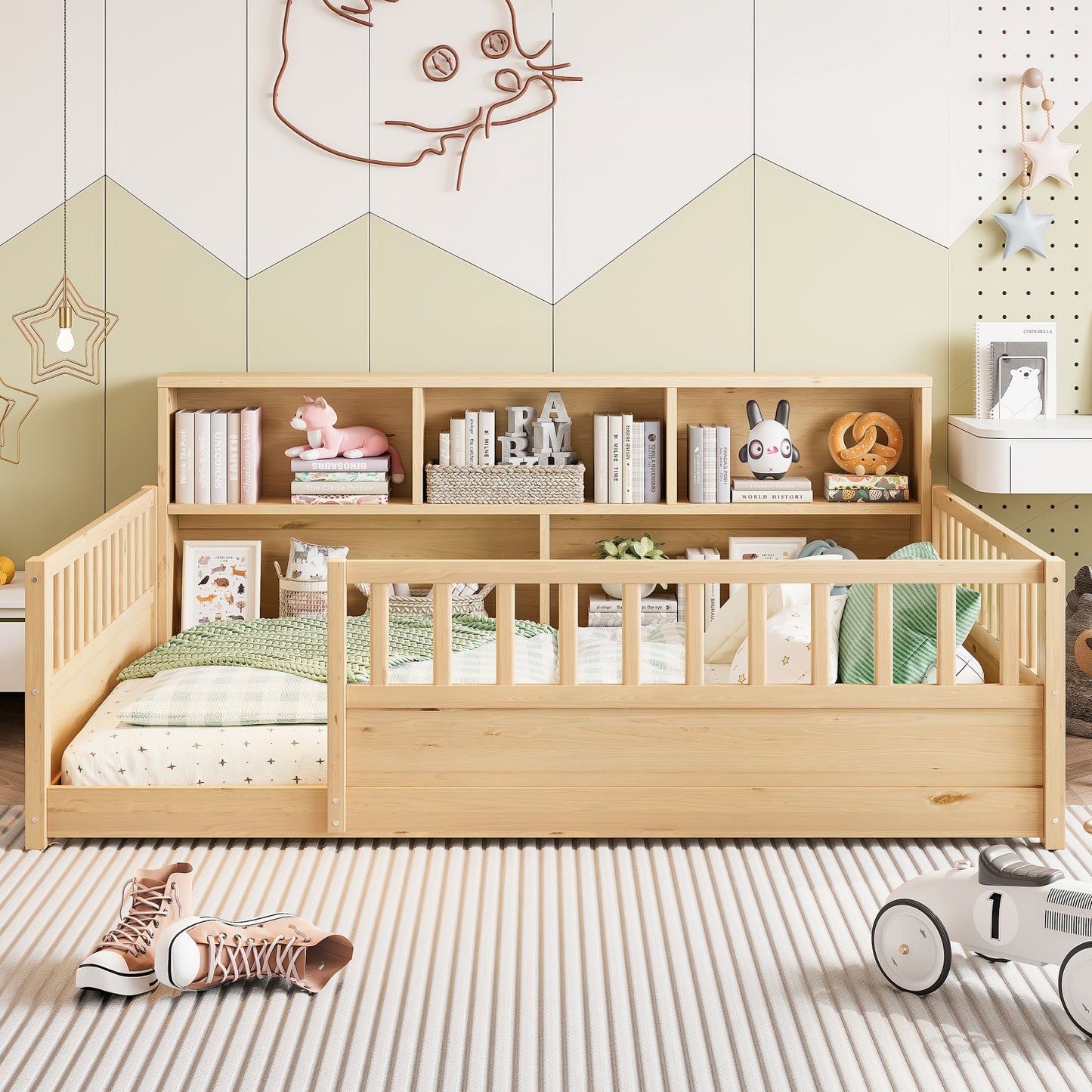 Full-Sized Wooden Floor Bed with Fence-Style Guardrail - Natural