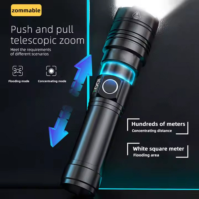 Rechargeable LED Flashlight 50000 Lumens Long Range USB C Emergency Torch - Black