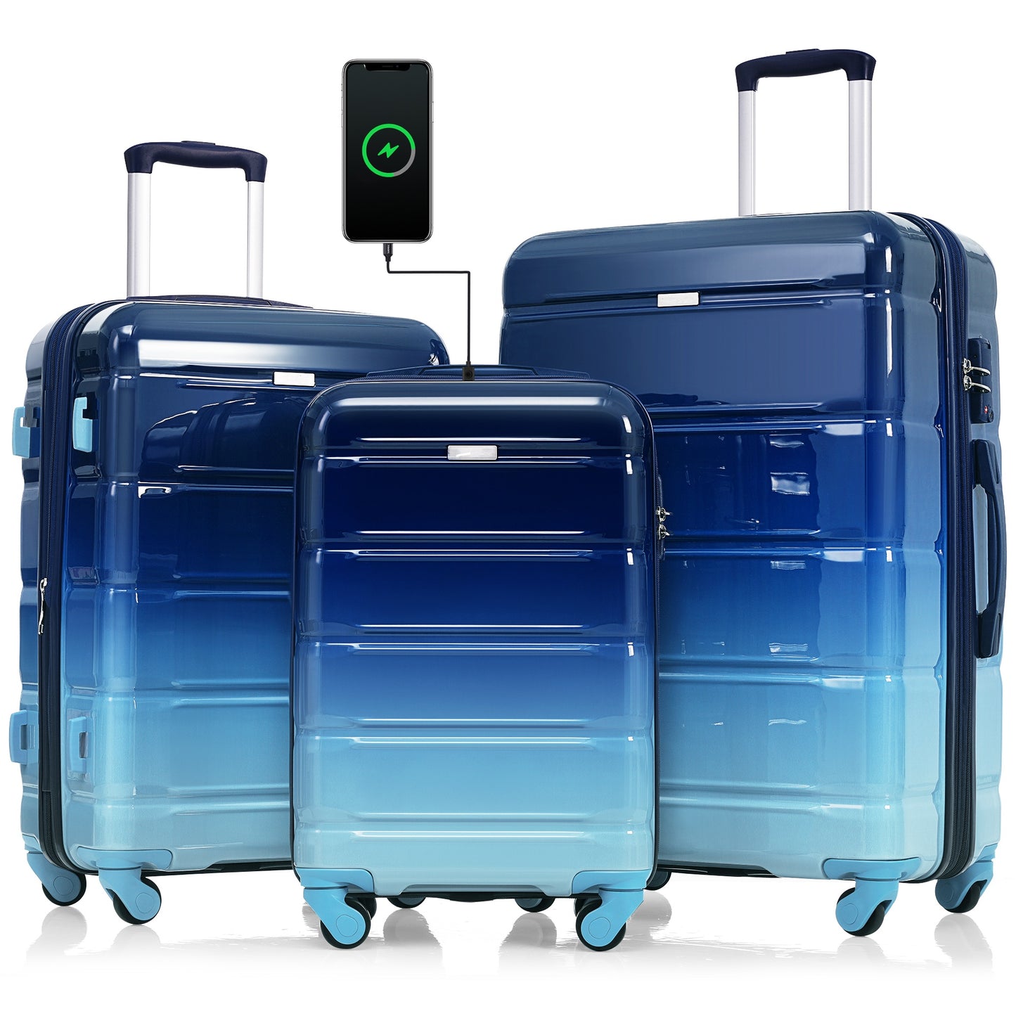 20-Inch Carry-On Luggage Set with USB Port - Gradient Blue