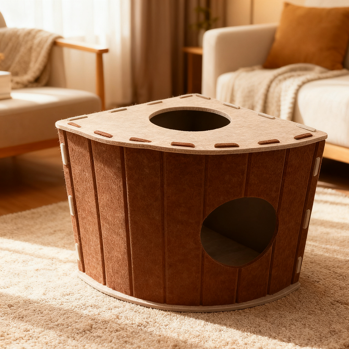 Four-Season Felt Fan-Shaped Cat Villa - Large Enclosed Scratch-Resistant Pet Bed for Multi-Cat Indoor Use - Coffee