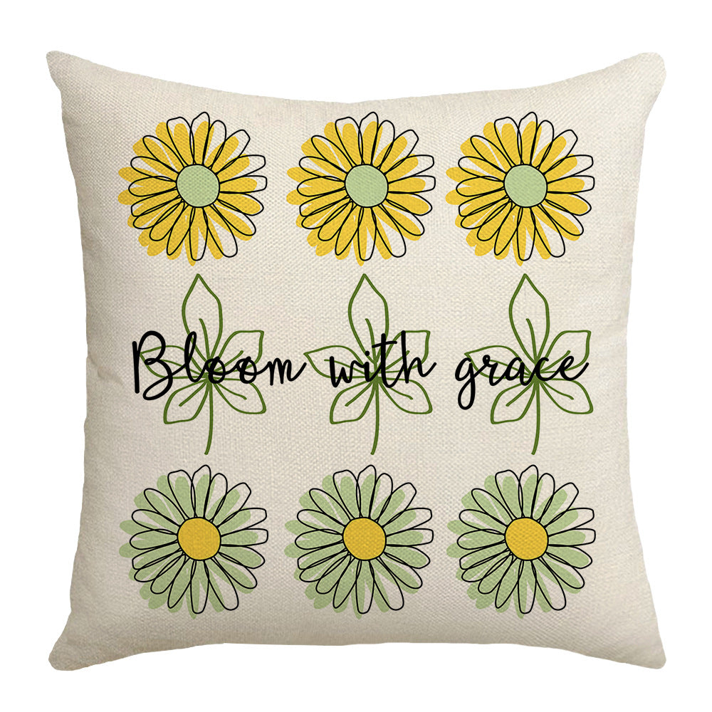 Summer Chrysanthemum Pillow Cover Green Plant Flower Linen 45x45cm Nordic Style