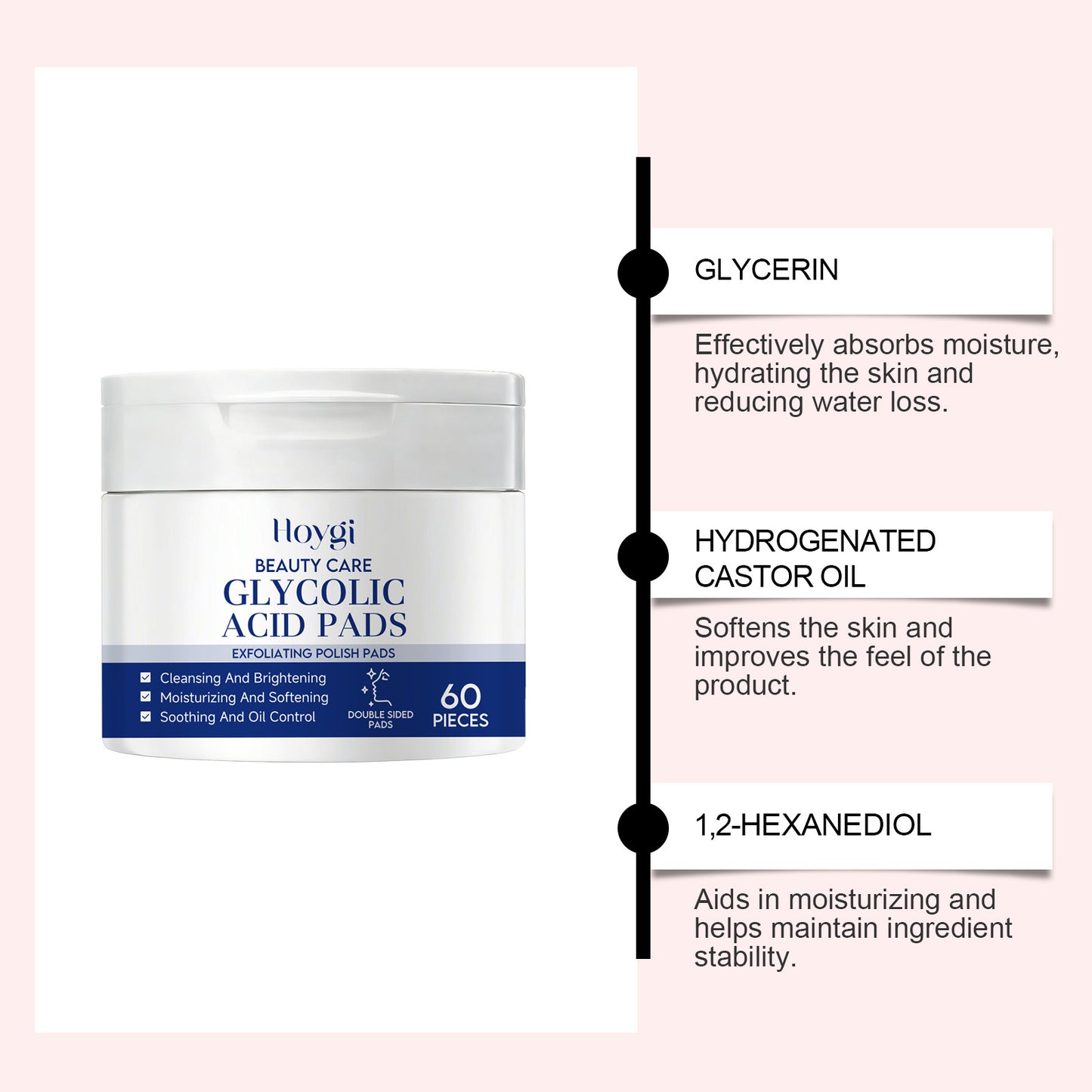 Glycolic Acid Facial Pads - Gentle Moisturizing & Skin Cleansing, 60 Pieces