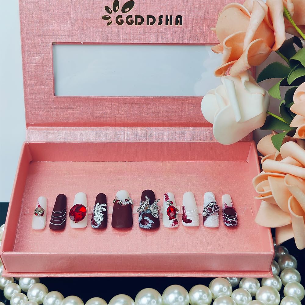 Shiny Crystal Long Press-On Nails - Suede Scarlet - Size M