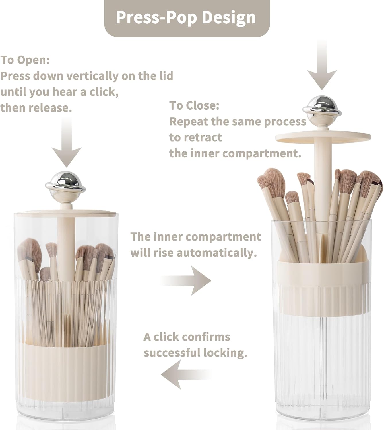 Upgraded Press-Pop Makeup Brush Holder with Lid - Dustproof & Compact Vanity Organizer