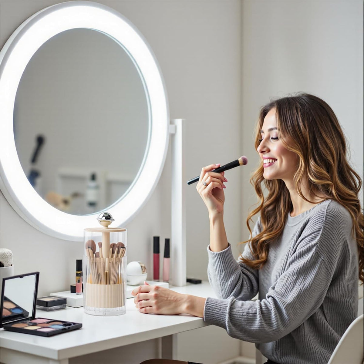 Upgraded Press-Pop Makeup Brush Holder with Lid - Dustproof & Compact Vanity Organizer