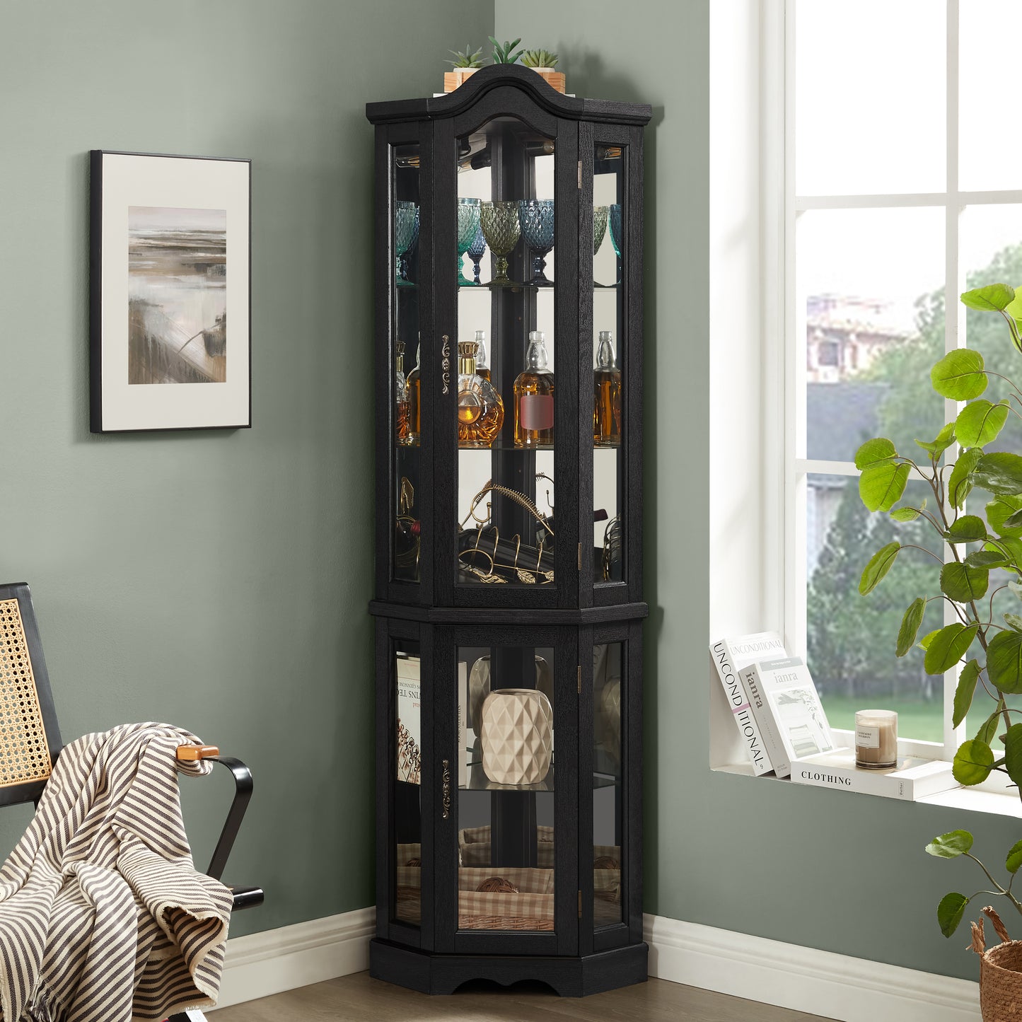 Lighted Corner Curio Cabinet With Tempered Glass Doors & Shelves -