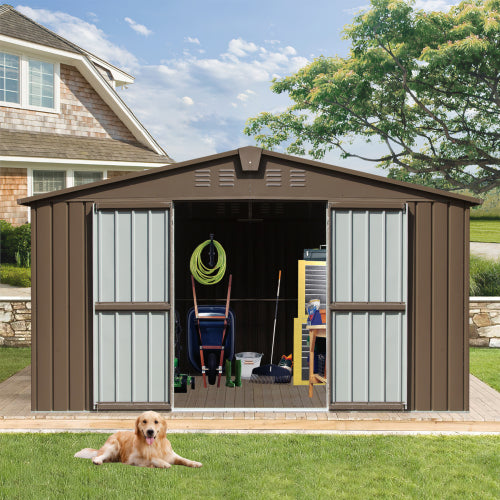 11x9 Metal Garden Storage Shed with Galvanized Steel Frame & Windows, Lockable Door - Dark Gray