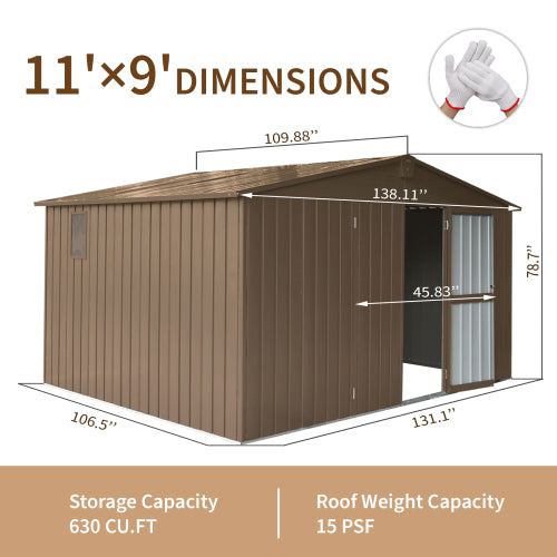 11x9 Metal Garden Storage Shed with Galvanized Steel Frame & Windows, Lockable Door - Dark Gray
