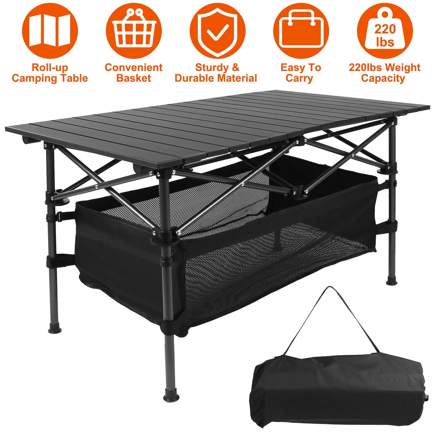 Portable Folding Camping Table - Lightweight Aluminum - Black
