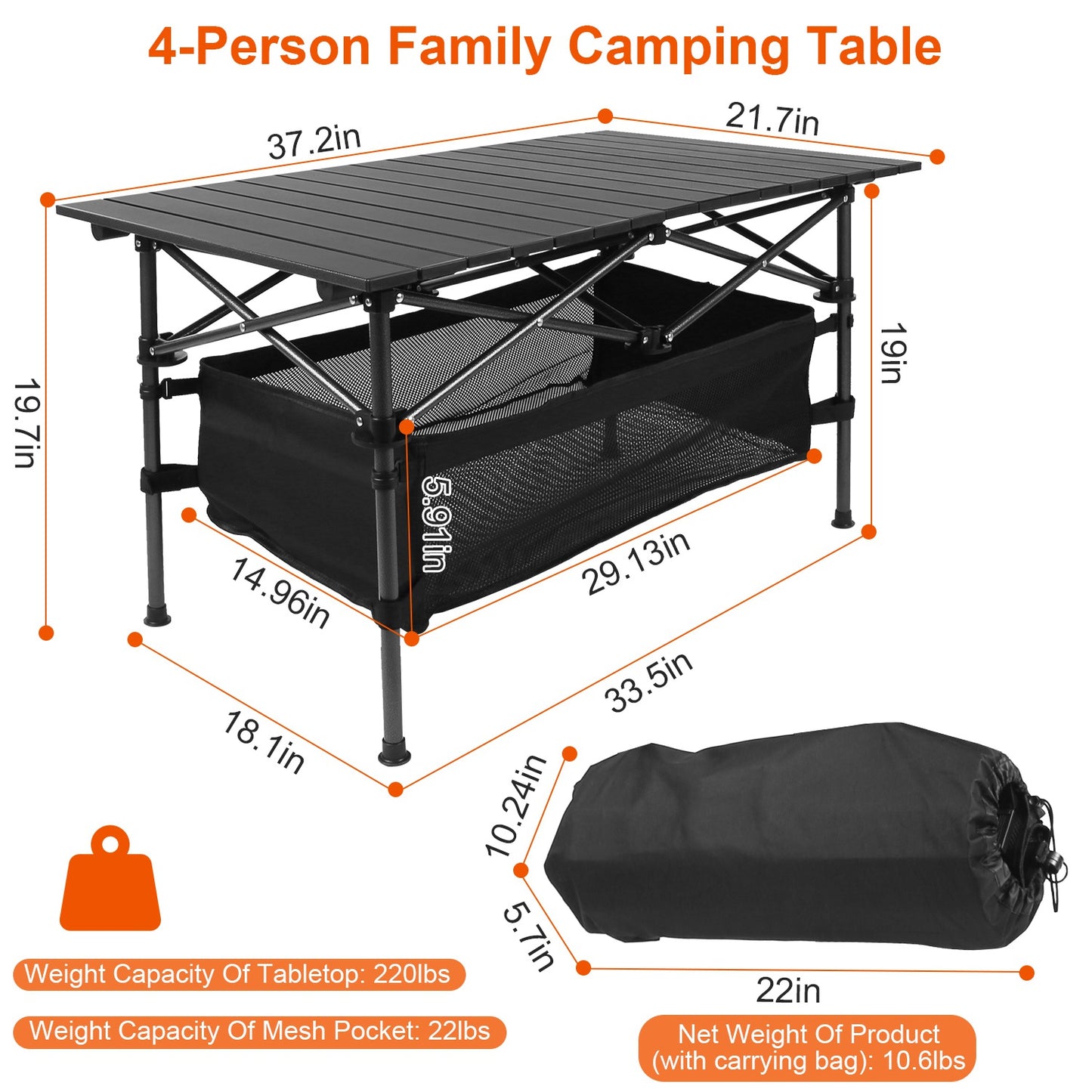 Portable Folding Camping Table - Lightweight Aluminum - Black