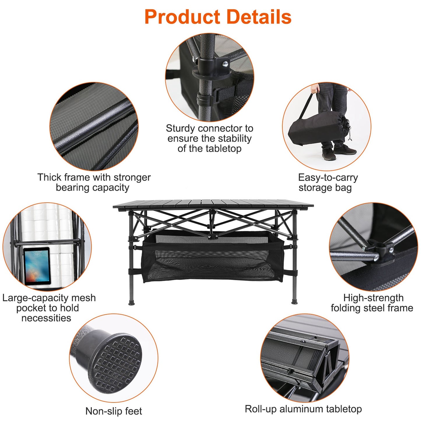 Portable Folding Camping Table - Lightweight Aluminum - Black