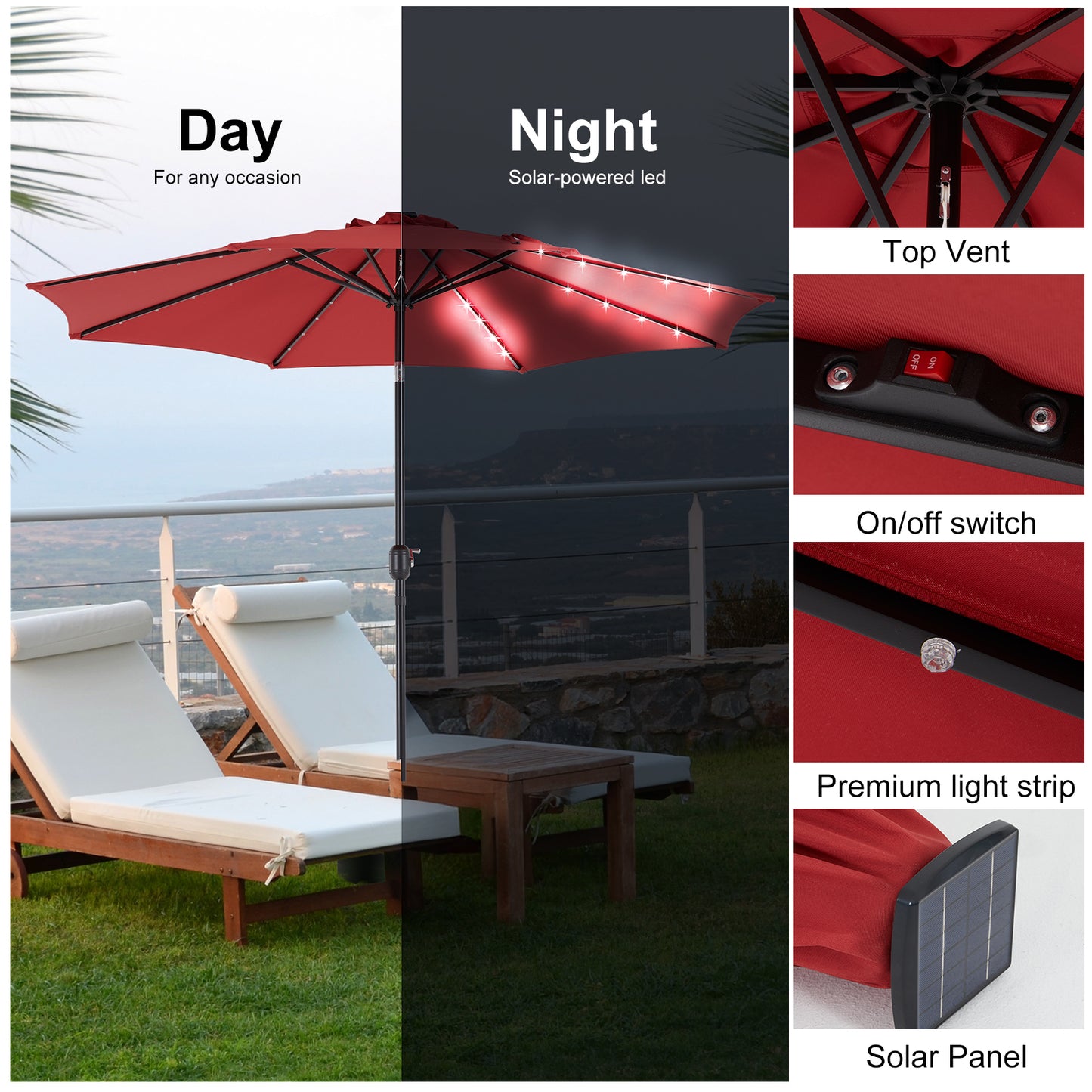 10ft Solar LED Patio Umbrella with Tilt Adjustment & UV Protection