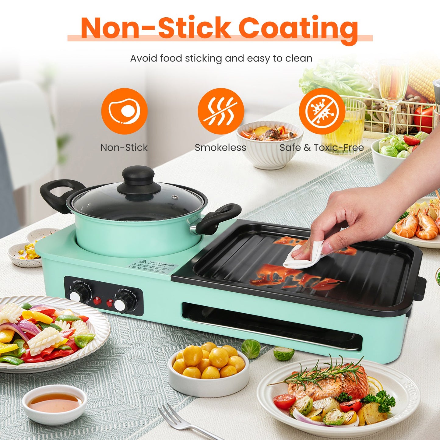 3-in-1 Electric Hot Pot and Grill - 1600W Smokeless Cooker