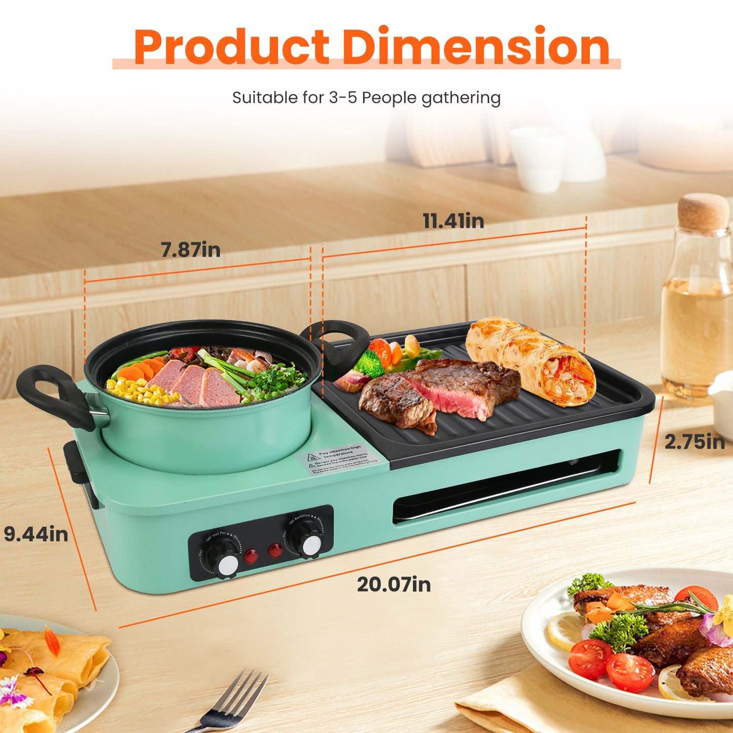 3-in-1 Electric Hot Pot and Grill - 1600W Smokeless Cooker