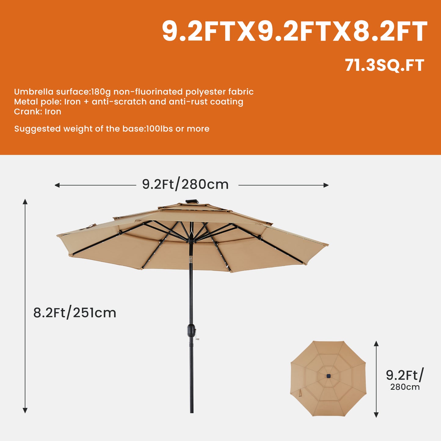 10FT Solar Patio Umbrella with 32 LED Lights and Tilt Crank