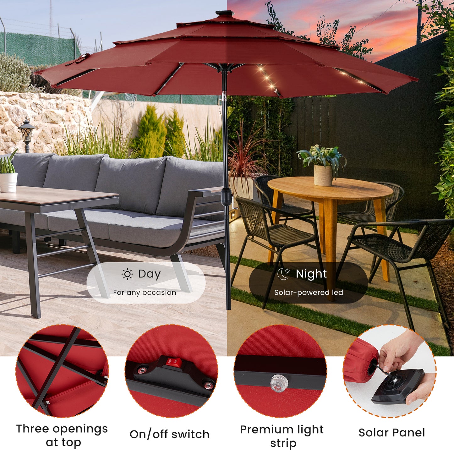 10FT Solar Patio Umbrella with 32 LED Lights and Tilt Crank