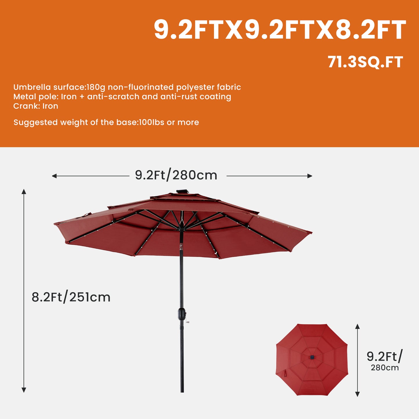 10FT Solar Patio Umbrella with 32 LED Lights and Tilt Crank
