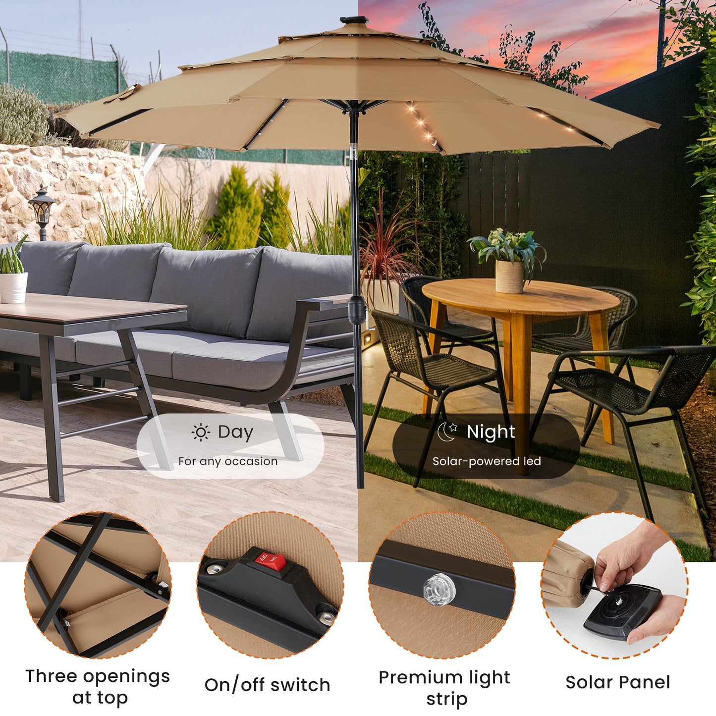 10FT Solar Patio Umbrella with 32 LED Lights and Tilt Crank