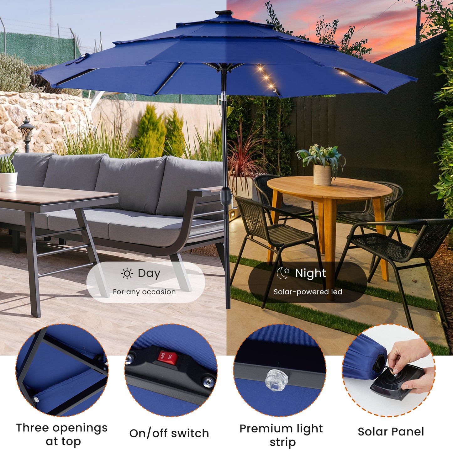 10FT Solar Patio Umbrella with 32 LED Lights and Tilt Crank