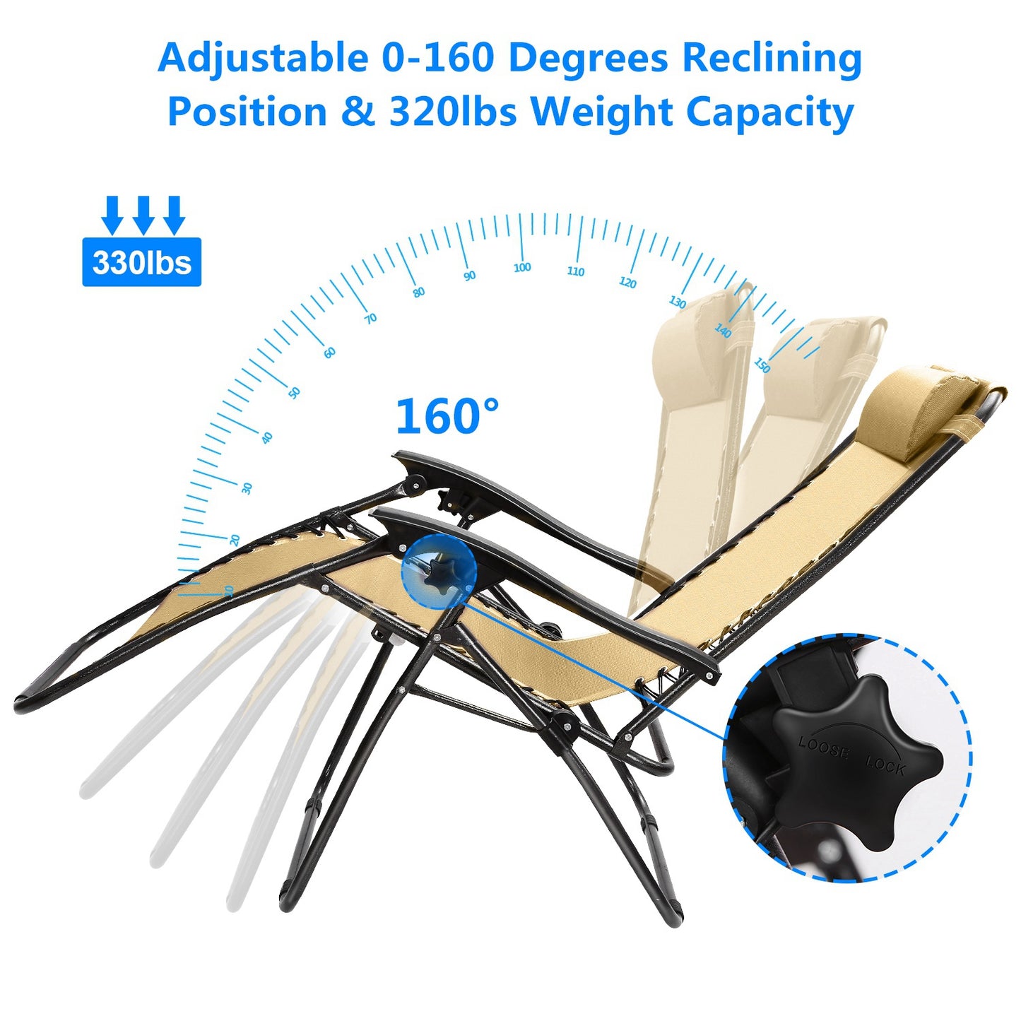 Zero Gravity Lounge Chairs - Adjustable Reclining, 330lbs Capacity, 2-Pack