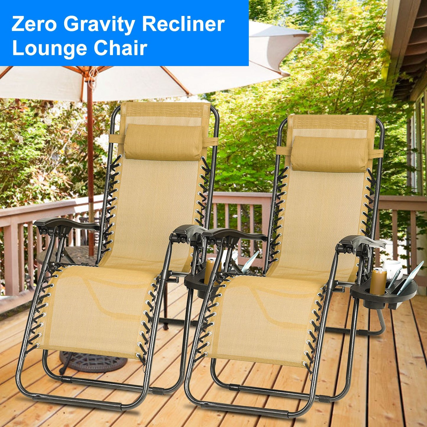 Zero Gravity Lounge Chairs - Adjustable Reclining, 330lbs Capacity, 2-Pack