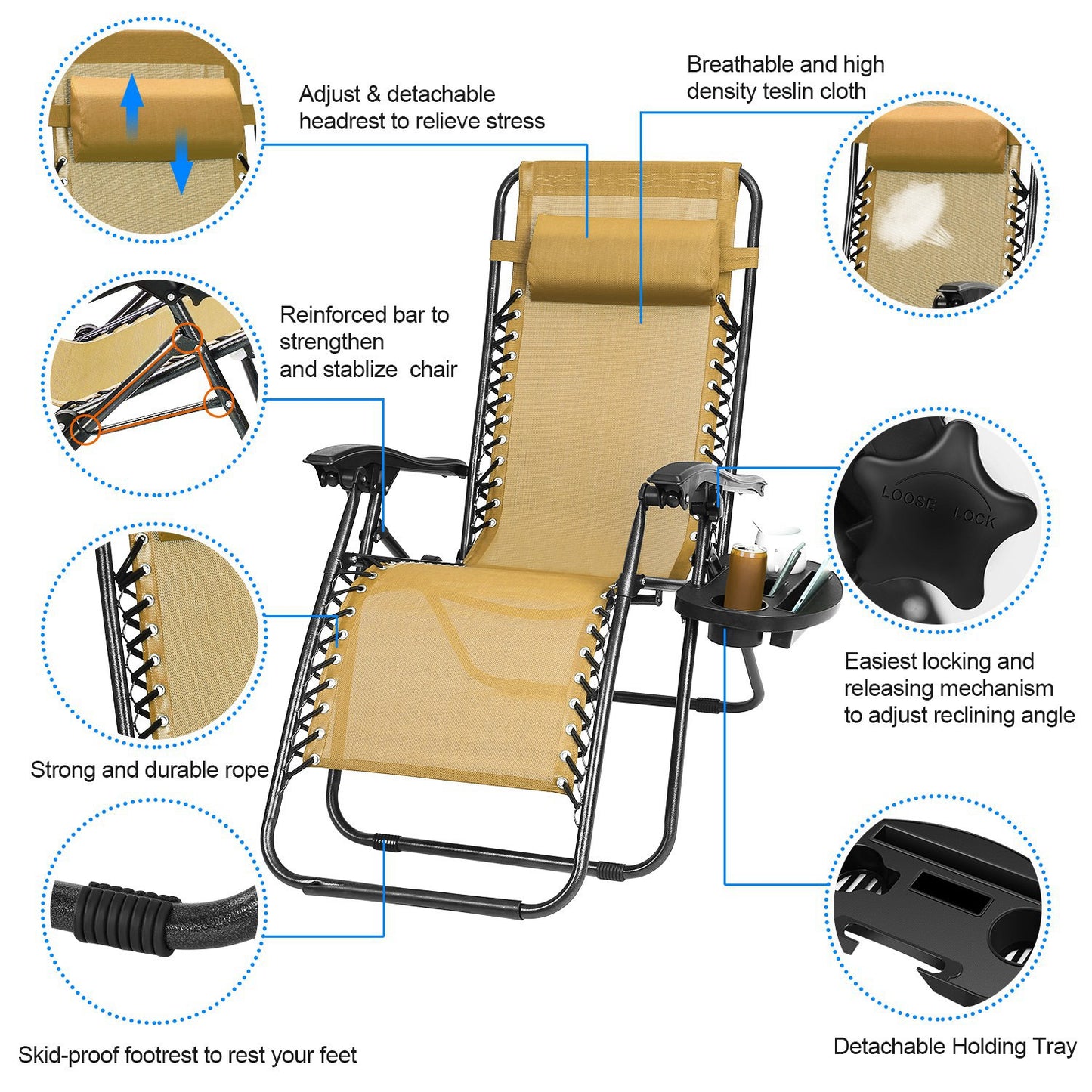 Zero Gravity Lounge Chairs - Adjustable Reclining, 330lbs Capacity, 2-Pack