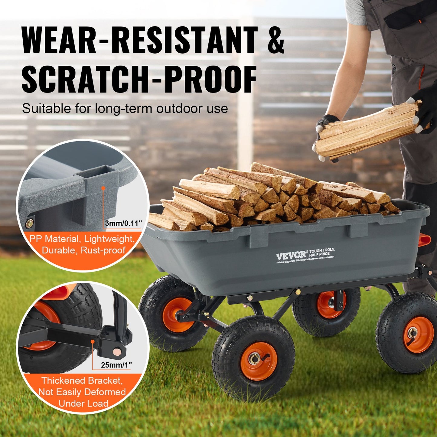 Heavy-Duty Garden Dump Cart 800 Lb Capacity with 2-in-1 Handle & Steel Frame - Black