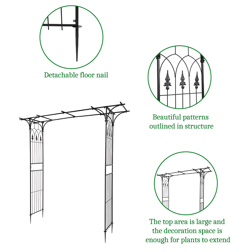 7.1ft Black Wrought Iron Garden Arch Support for Climbing Plants