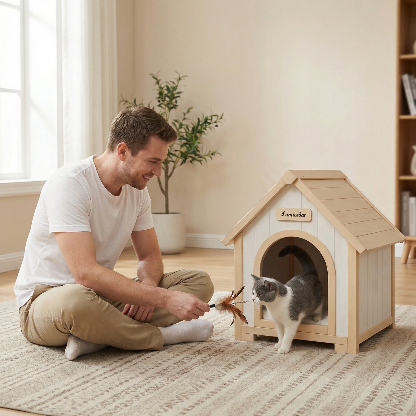 Indoor Wooden Dog House with EVA Cushion - Small Pet Shelter in Creamy White