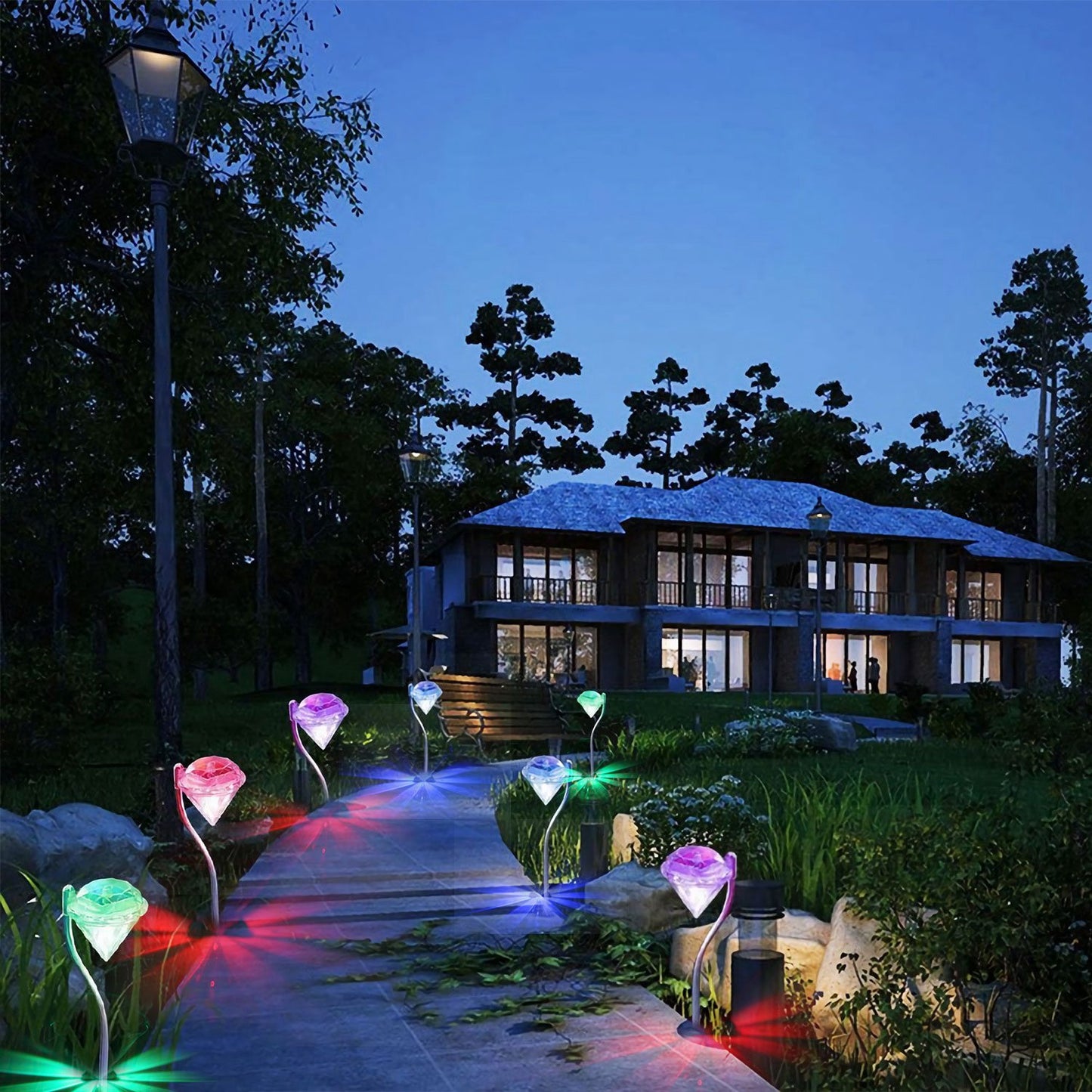 4-Pack Solar Garden Stake Lights with 7-Color Changing LED Waterproof Pathway Lamps