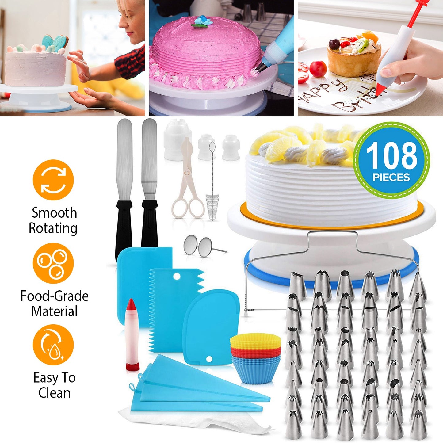 11-Inch Rotating Cake Turntable with 108-Piece Decorating Kit