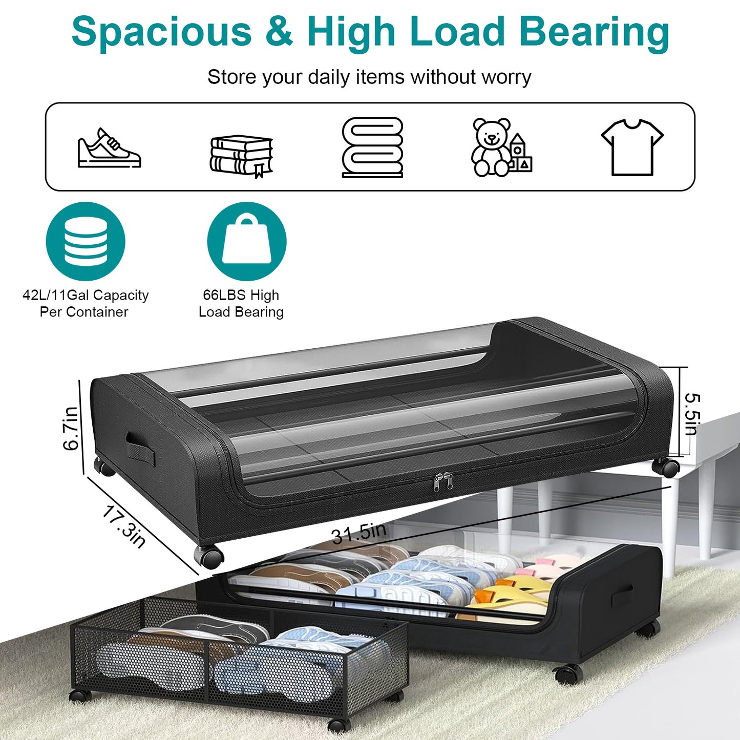 2Pcs Under Bed Storage Containers With Lid Wheels Strap Handles 42L