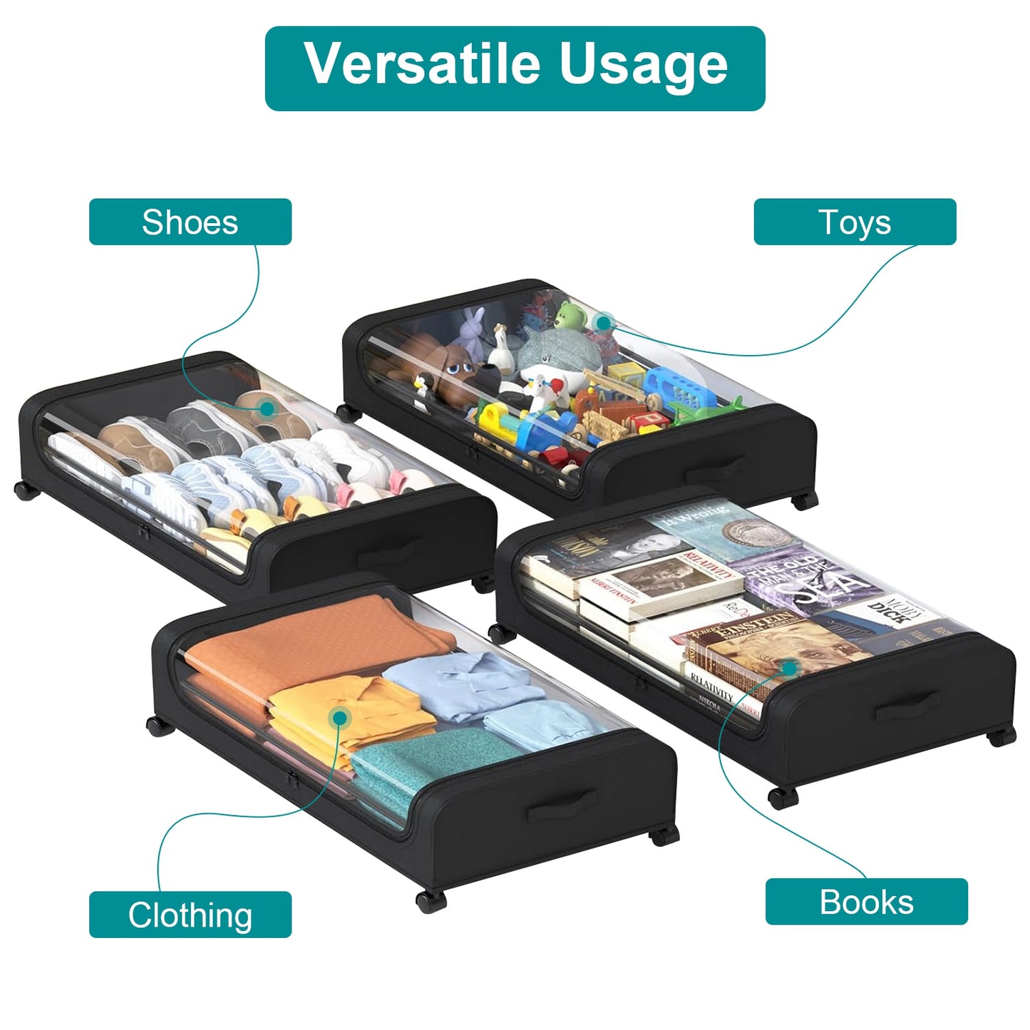 2Pcs Under Bed Storage Containers With Lid Wheels Strap Handles 42L