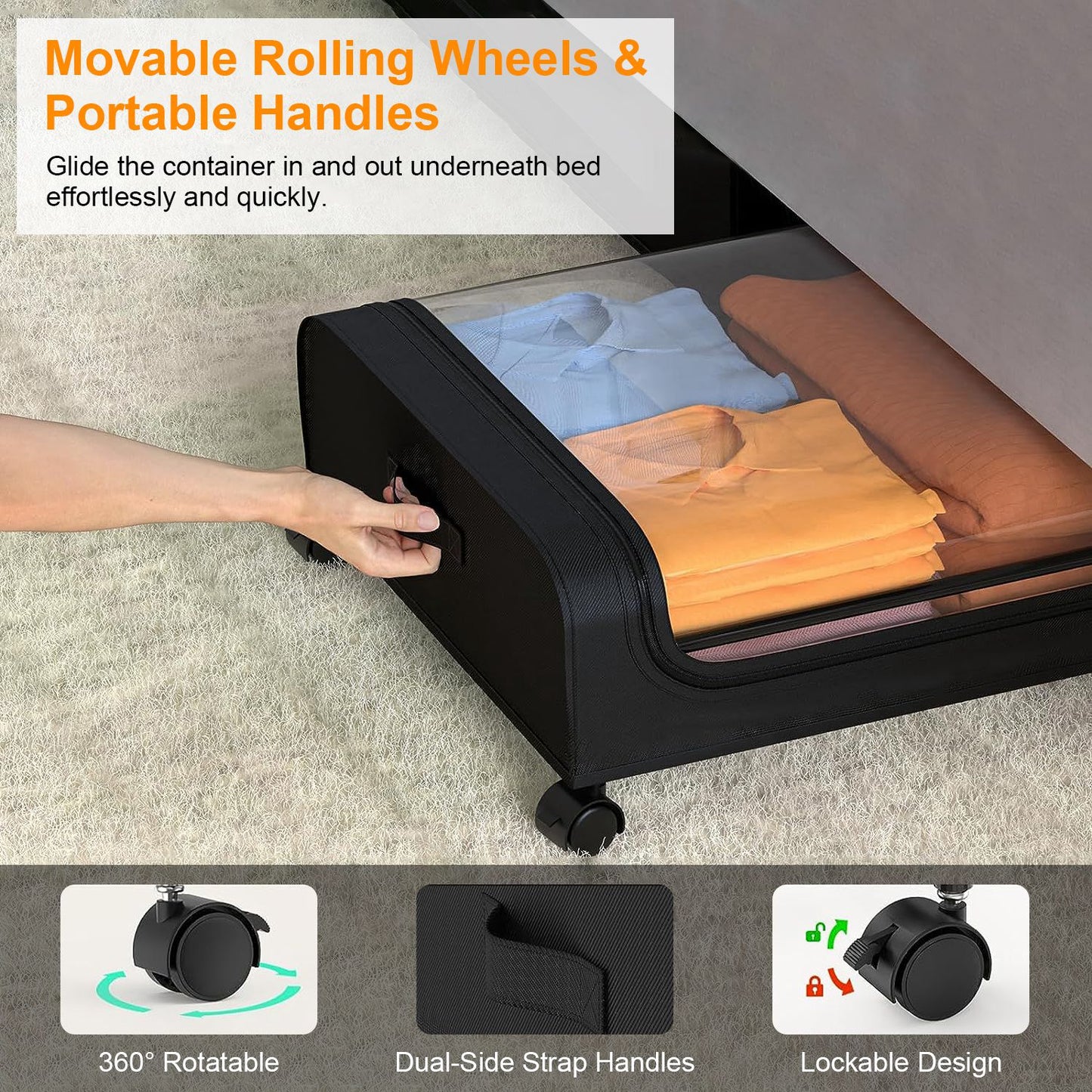 2Pcs Under Bed Storage Containers With Lid Wheels Strap Handles 42L