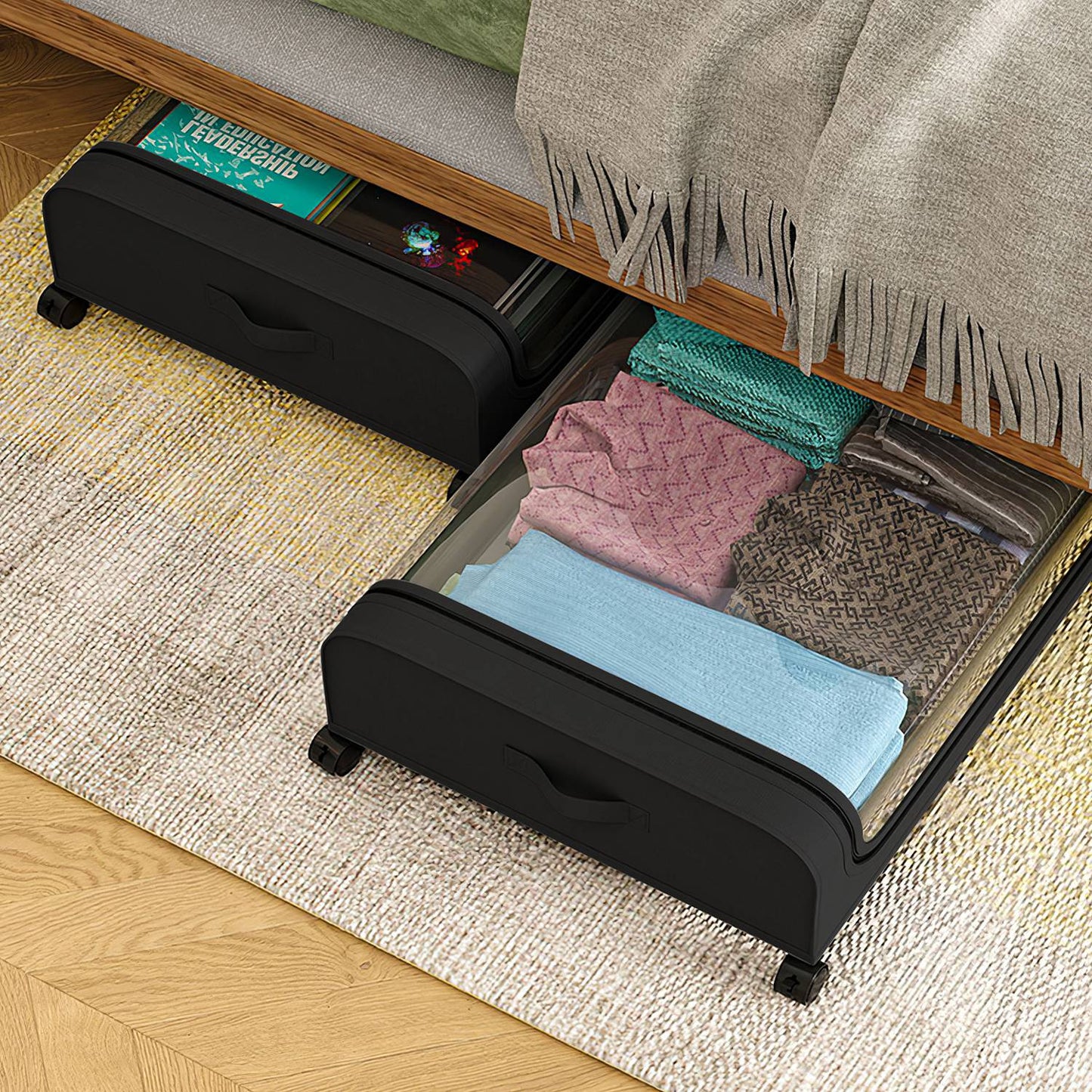 2Pcs Under Bed Storage Containers With Lid Wheels Strap Handles 42L