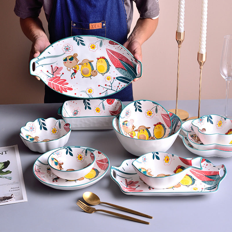 Ceramic Tableware Set with Rainforest Pattern - Nordic Style Dinnerware Collection