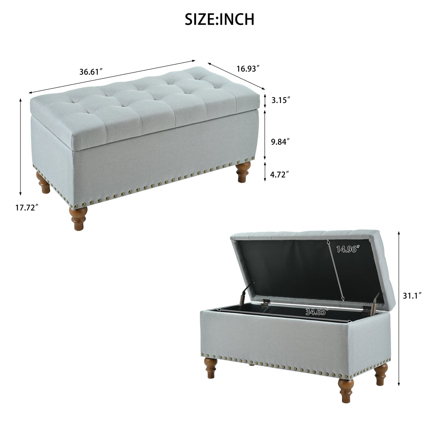Ottoman Storage Bench, Recessed Support Hinge Top Easy To Open, Rivet