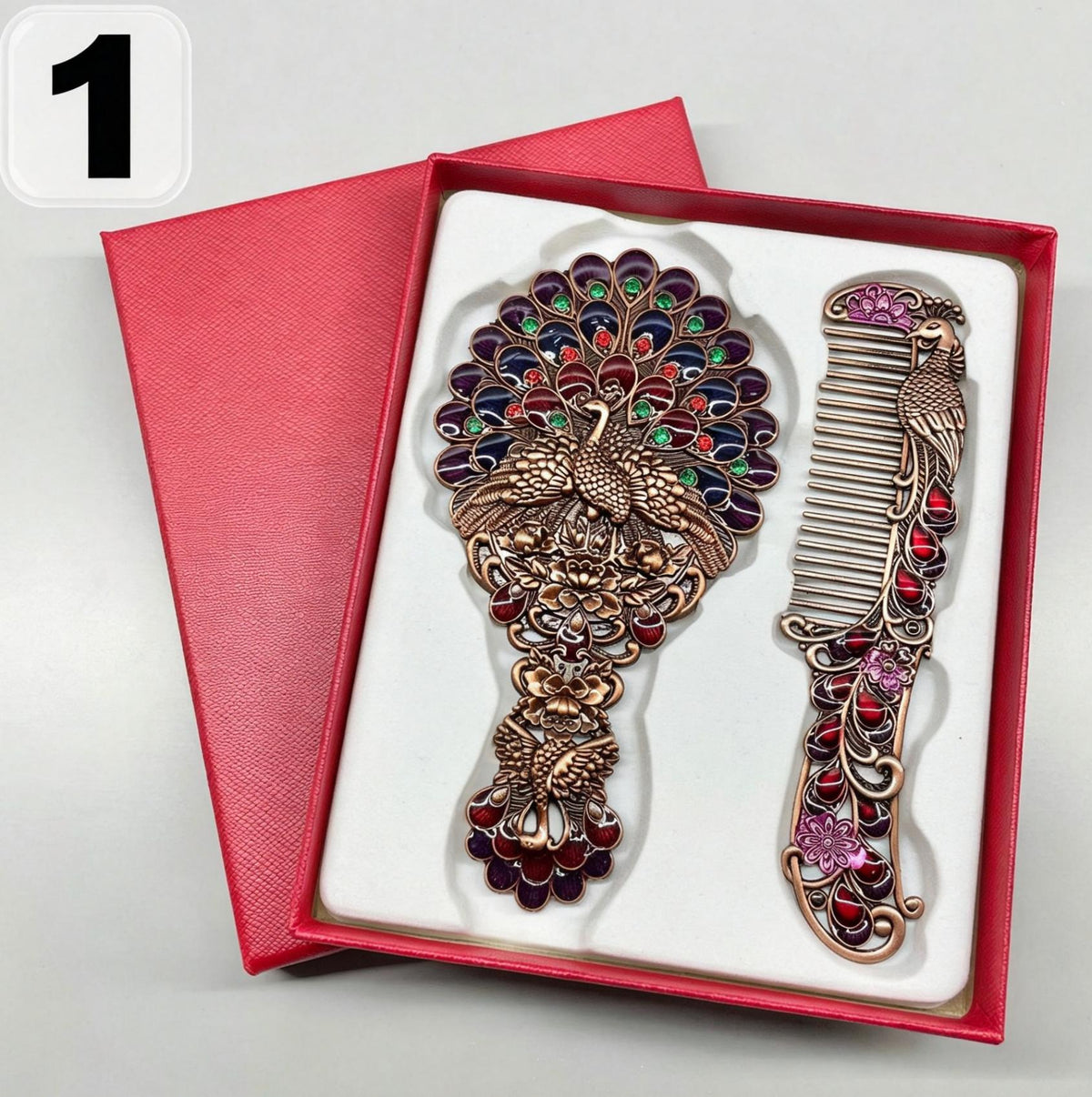 Vintage Peacock Mirror & Comb Set - Antique Metal Handheld Vanity Accessory with Gift Box