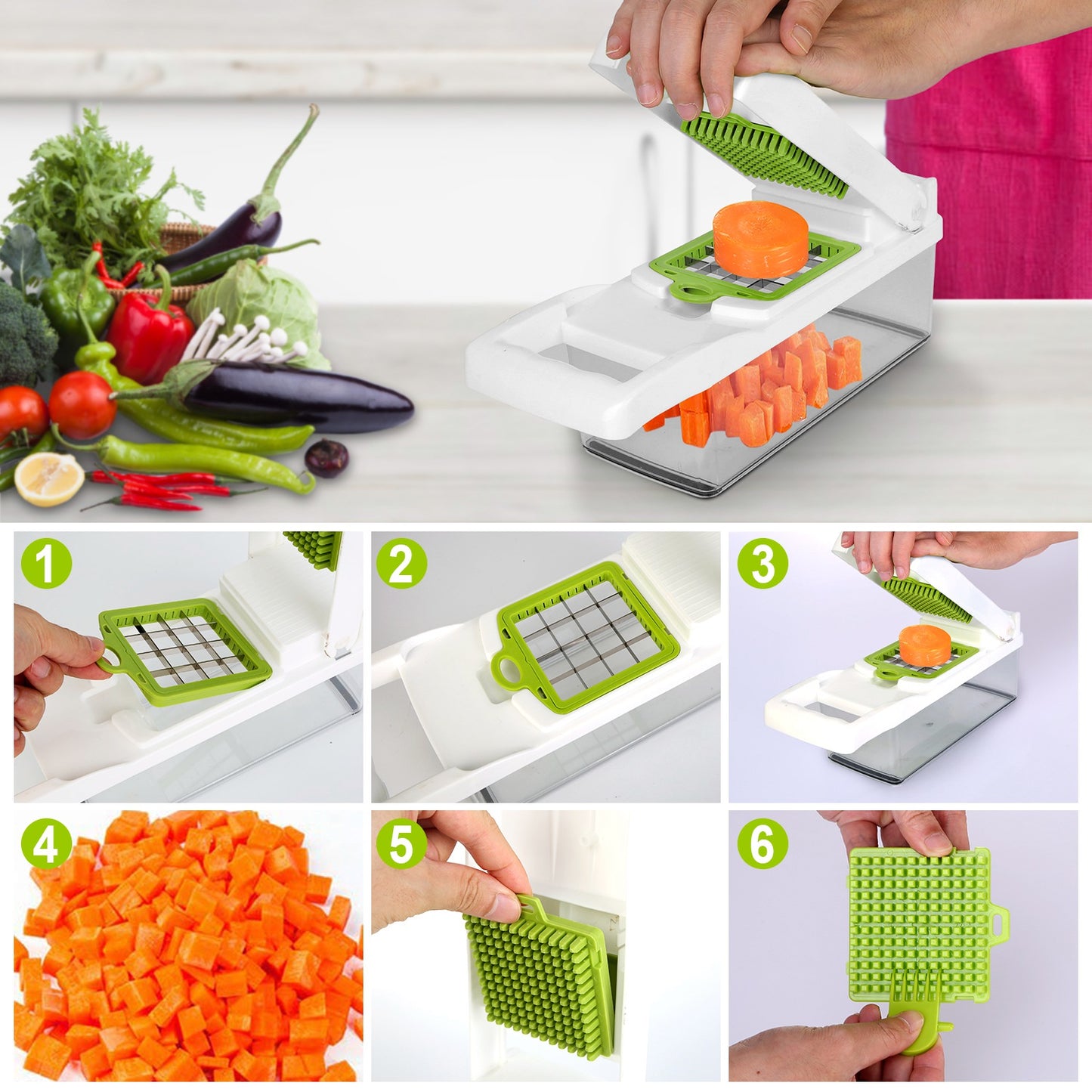 12-in-1 Vegetable Chopper Set with Container - Green & White