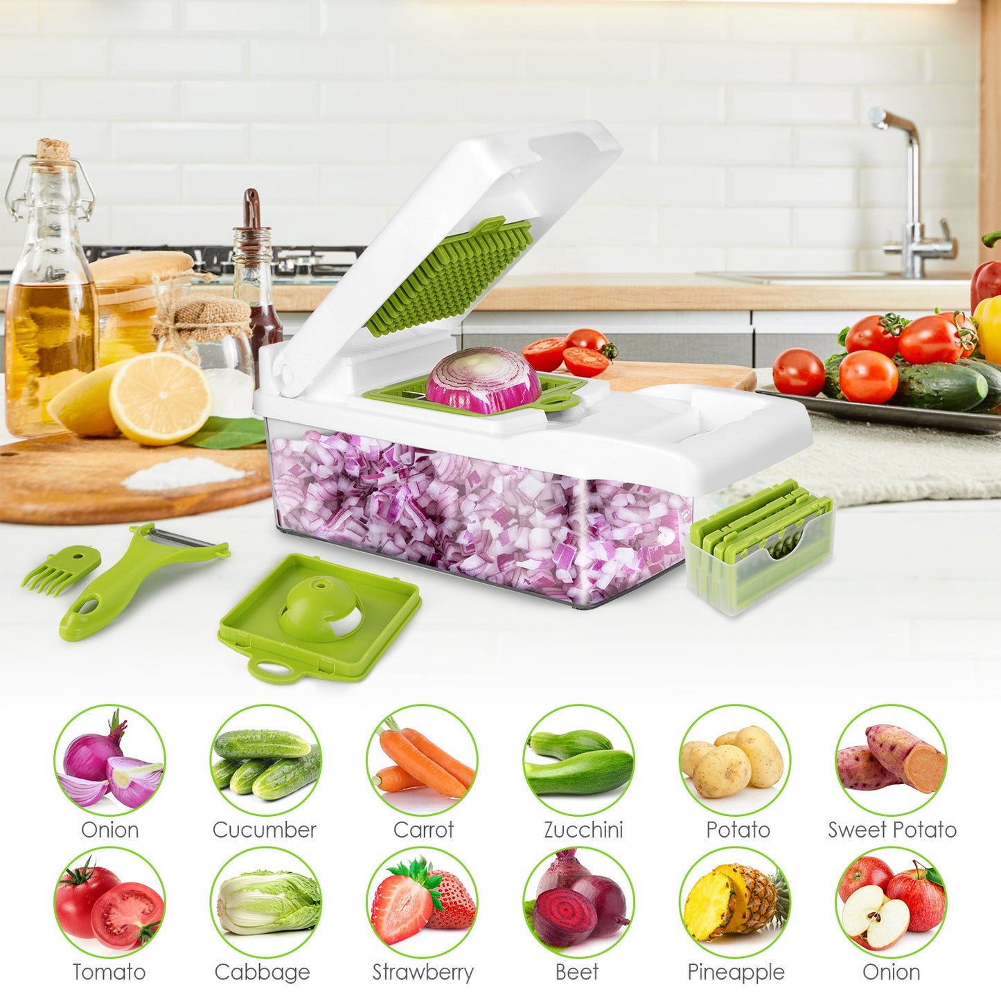 12-in-1 Vegetable Chopper Set with Container - Green & White