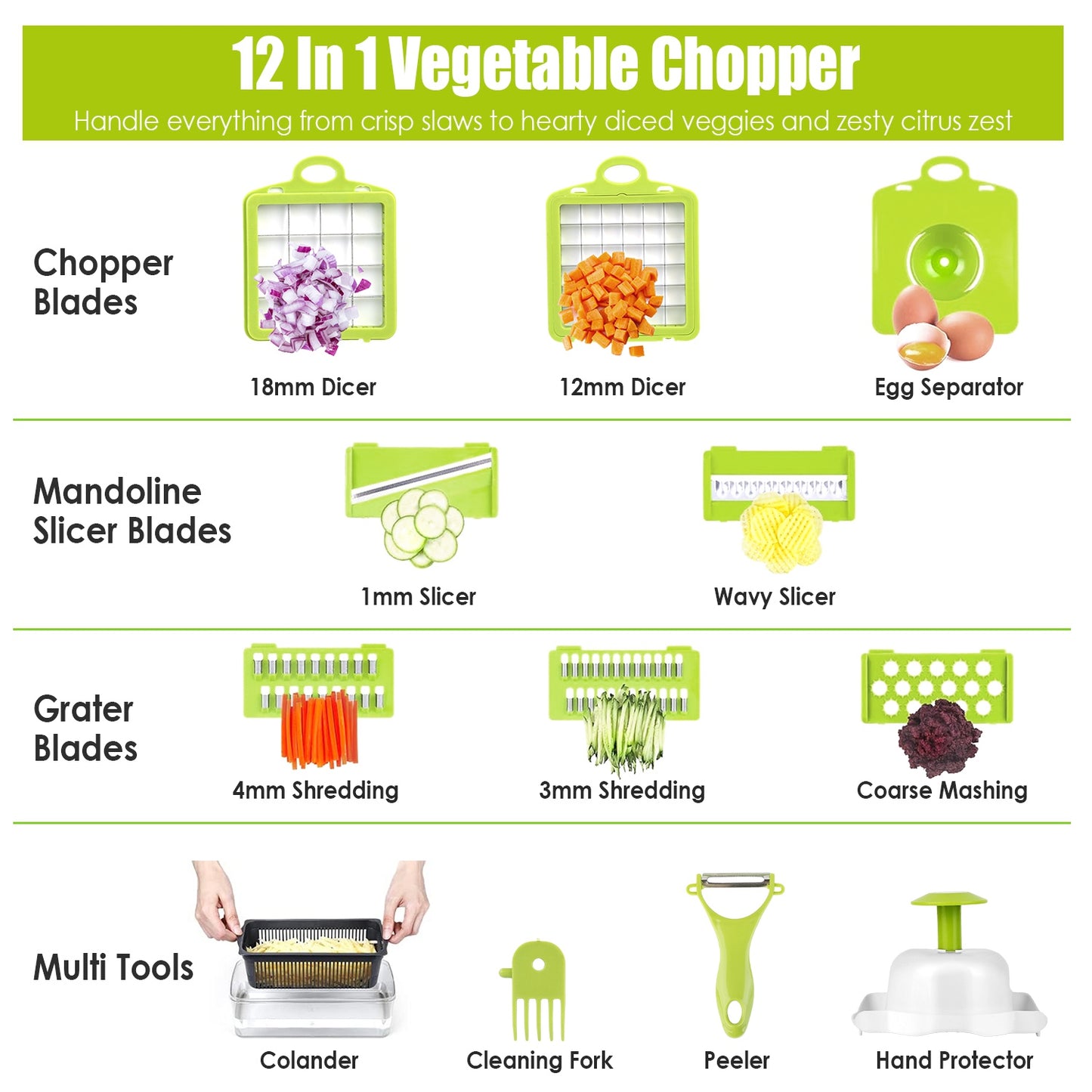 12-in-1 Vegetable Chopper Set with Container - Green & White