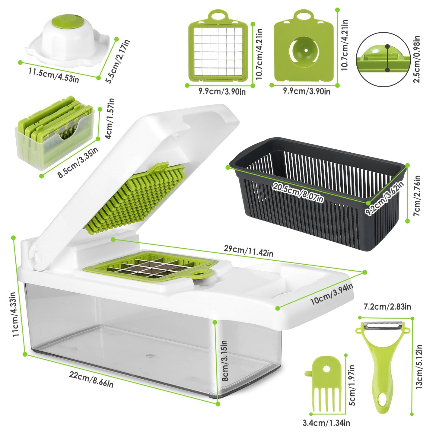 12-in-1 Vegetable Chopper Set with Container - Green & White