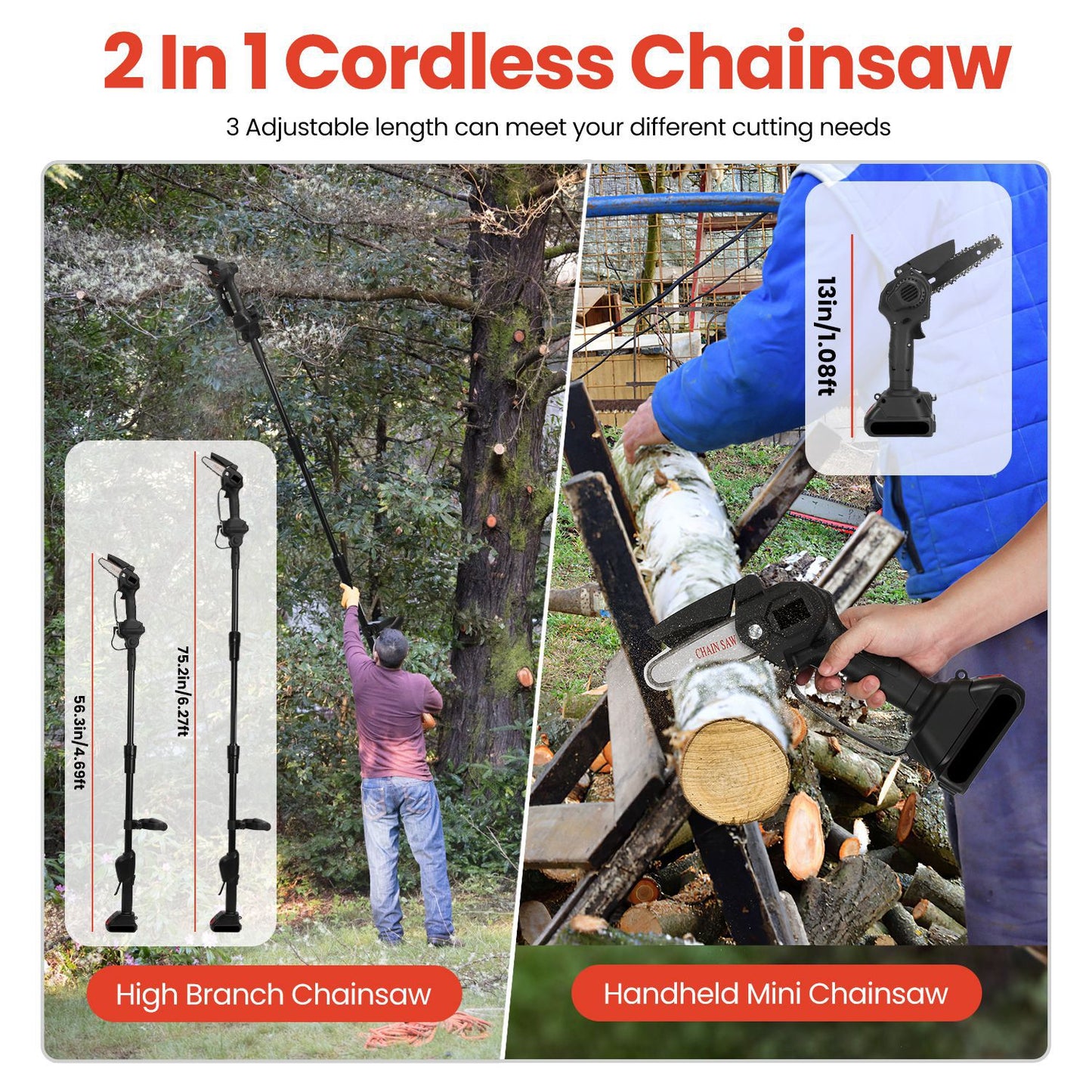 3-in-1 Cordless Pole Saw & Mini Chainsaw Garden Trimmer Kit with Adjustable Length
