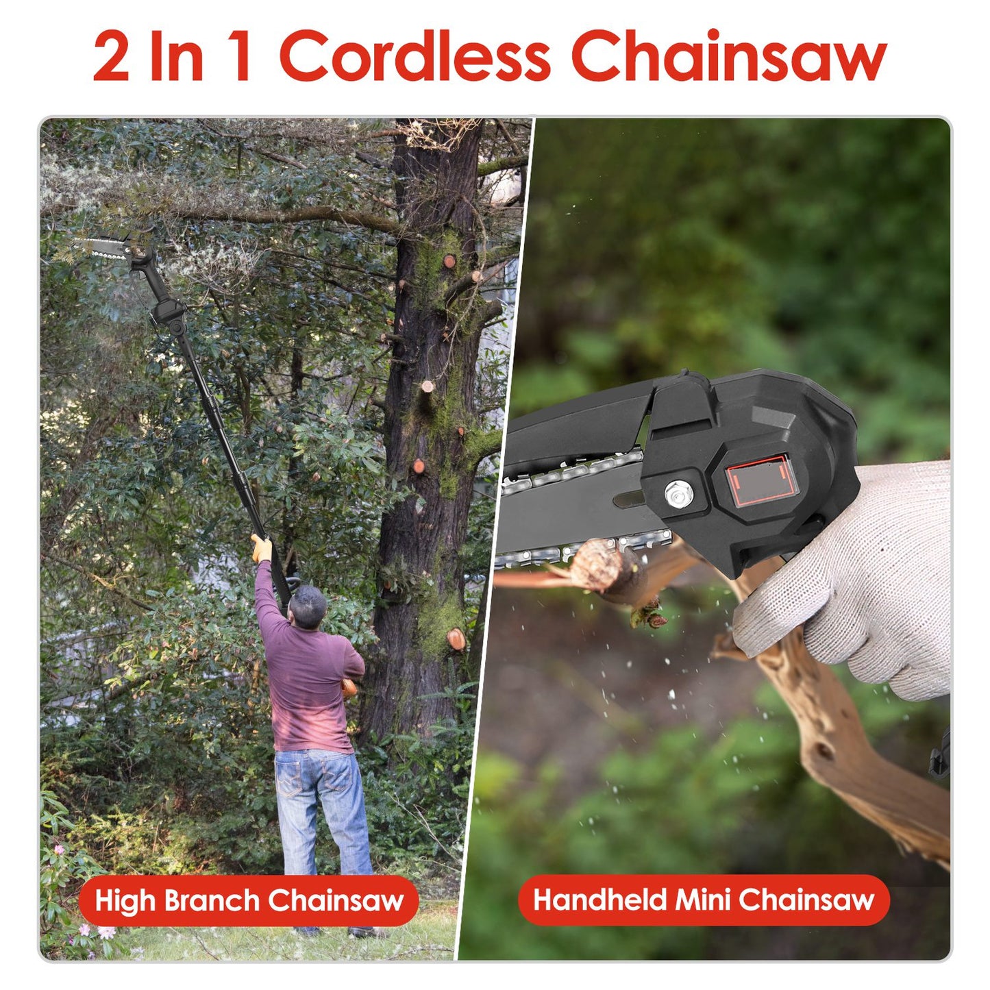 Cordless 2-in-1 Pole Saw & Mini Chainsaw Set with 2 Batteries for Tree Trimming