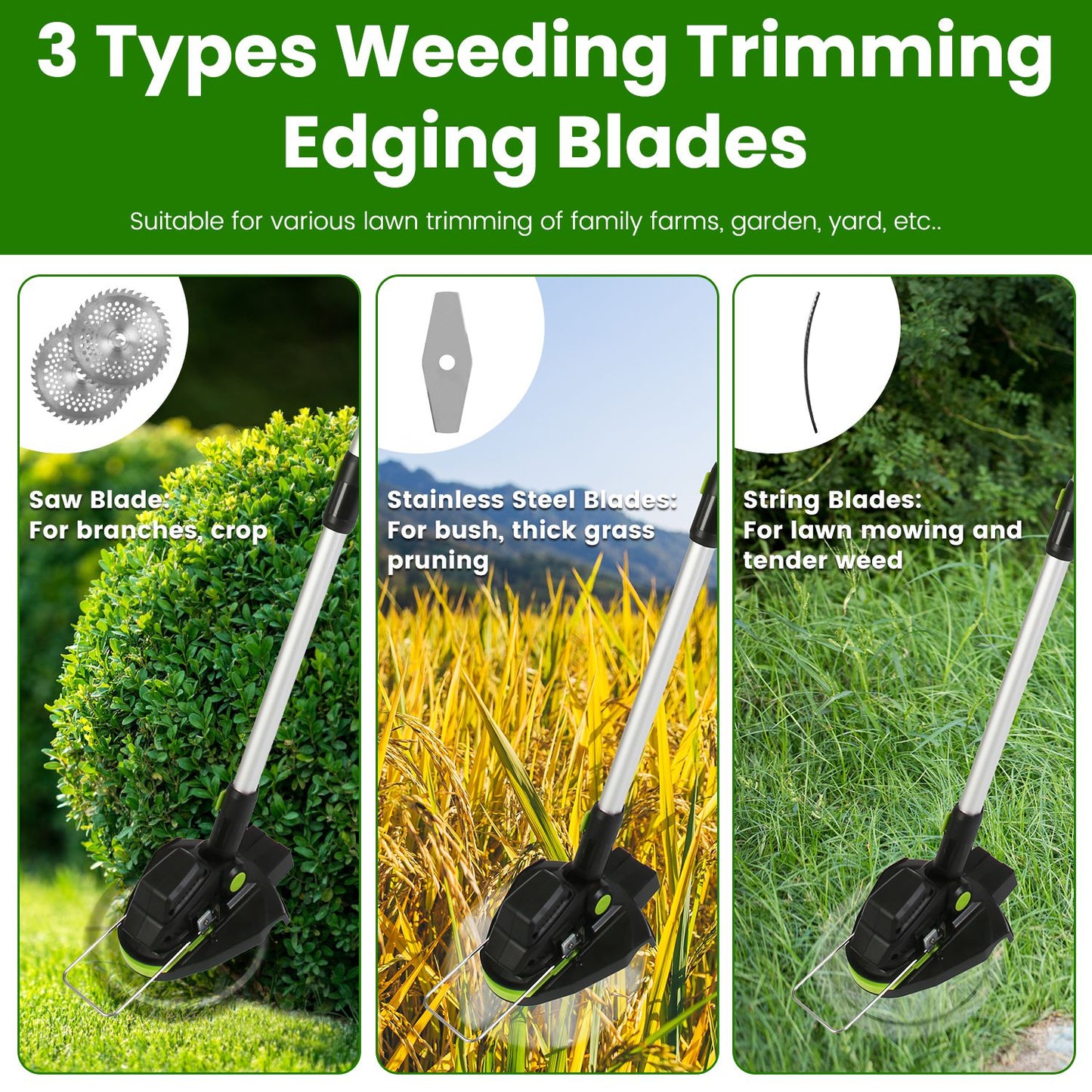 Cordless Weed Edger Trimmer Kit with 2 Batteries, Rotatable Head, 3 Blades