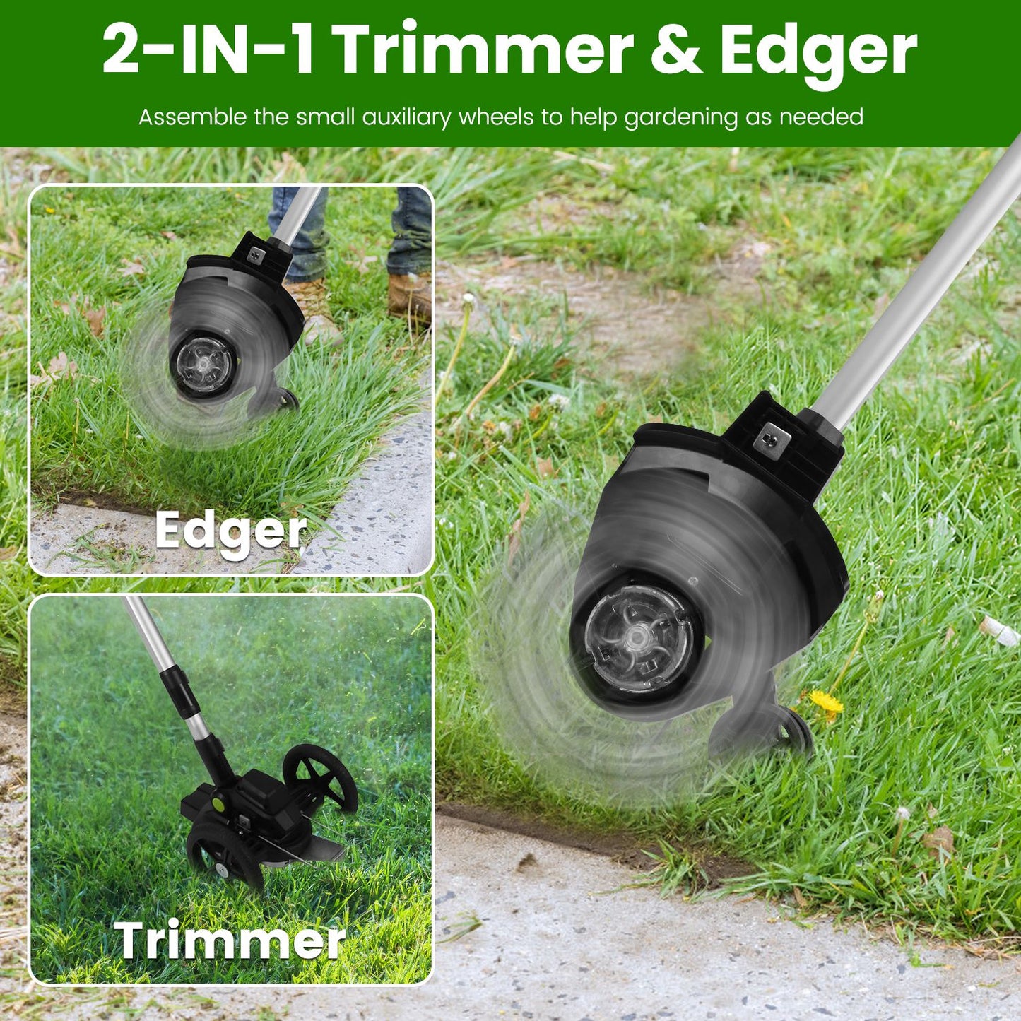 Cordless Weed Edger Trimmer Kit with 2 Batteries, Rotatable Head, 3 Blades