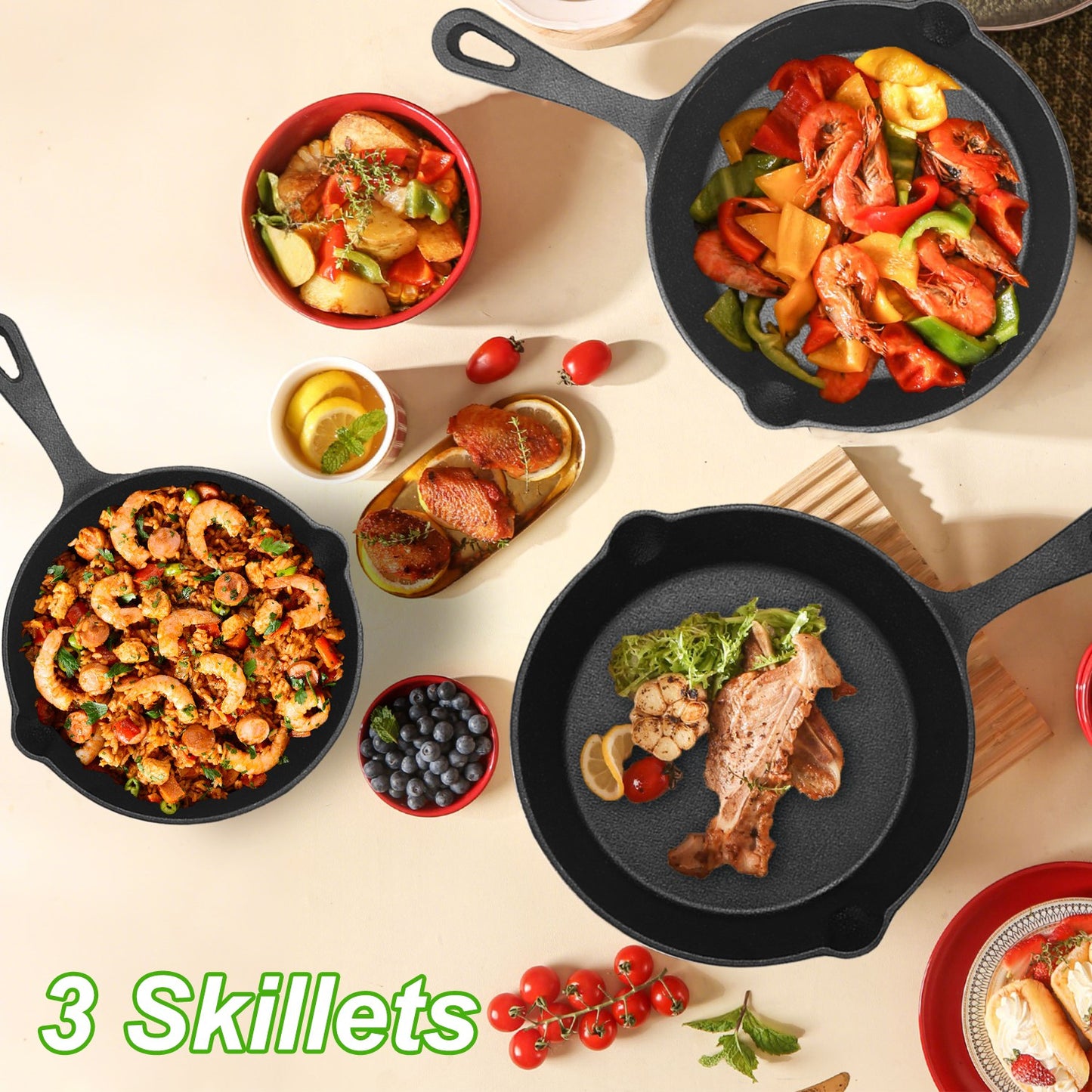 Pre-Seasoned Cast Iron Skillet Set - 3 Pcs (6in, 8in, 10in)