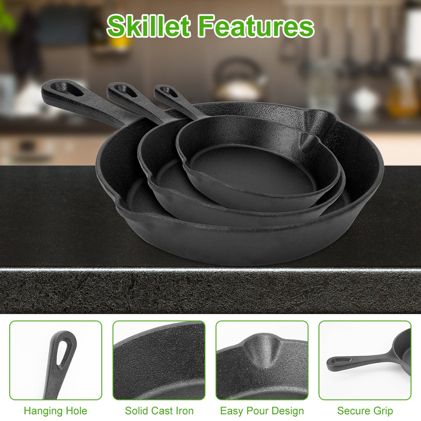 Pre-Seasoned Cast Iron Skillet Set - 3 Pcs (6in, 8in, 10in)