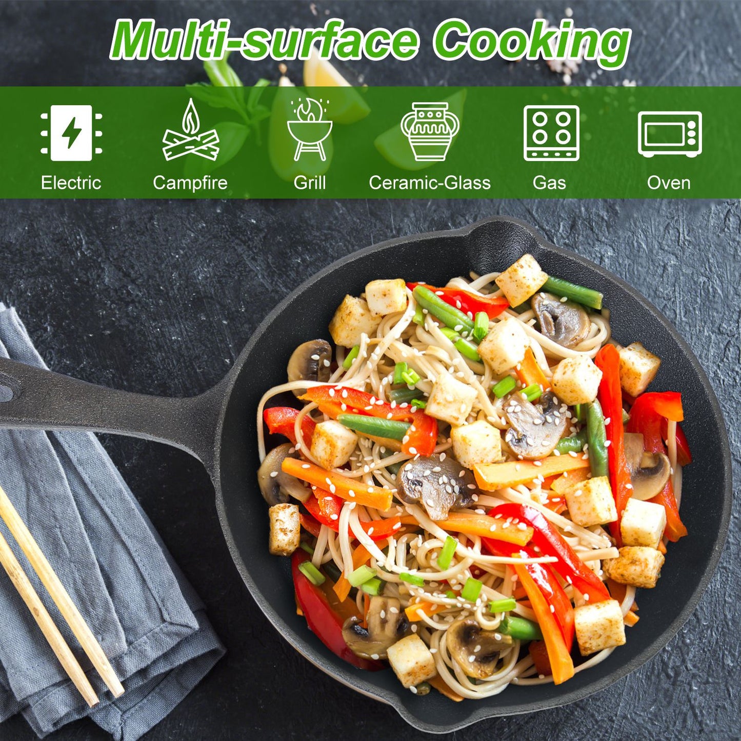 Pre-Seasoned Cast Iron Skillet Set - 3 Pcs (6in, 8in, 10in)